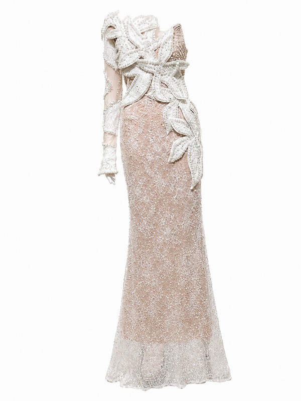 【新品DRESS 2024】総スパンコールレース×アシンメトリーフラワーモチーフワンショルマーメイドロングドレス ホワイト